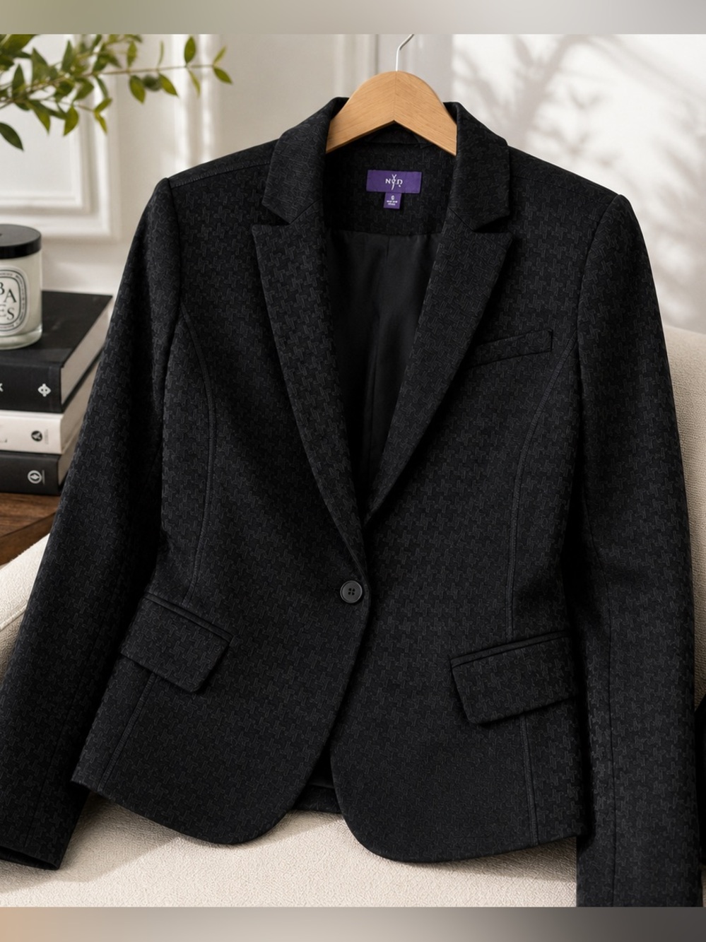 NYDJ Women's Black Tonal Houndstooth Tailored Blazer – Size 8